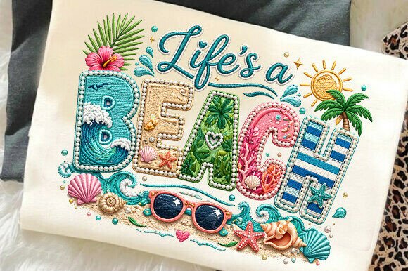 Fax Yarn Summer Beach Embroidery PNG: A Textured Design for Coastal Projects